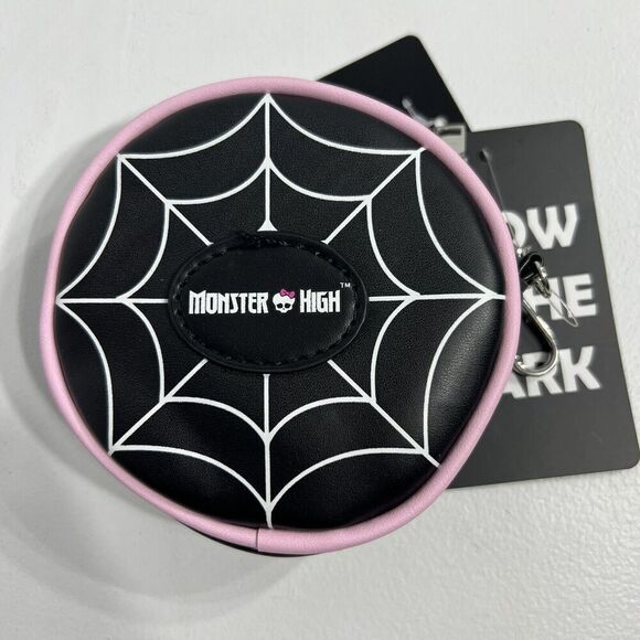 Monster High Skullette Spiderweb Coin Purse Glow In The Dark Round Pink Gem New - Picture 4 of 7